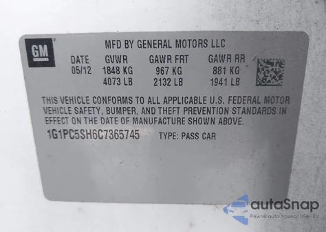 2012 Chevrolet Cruze Ls from USA, damaged, VIN 1G1PC5SH6C7365745
